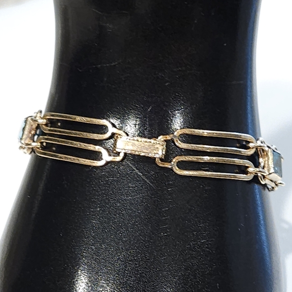 Sturdy 12K Gold Filled Blue Glass Faux Topaz Art Deco Vintage Bracelet 40s 50s - Picture 4 of 16